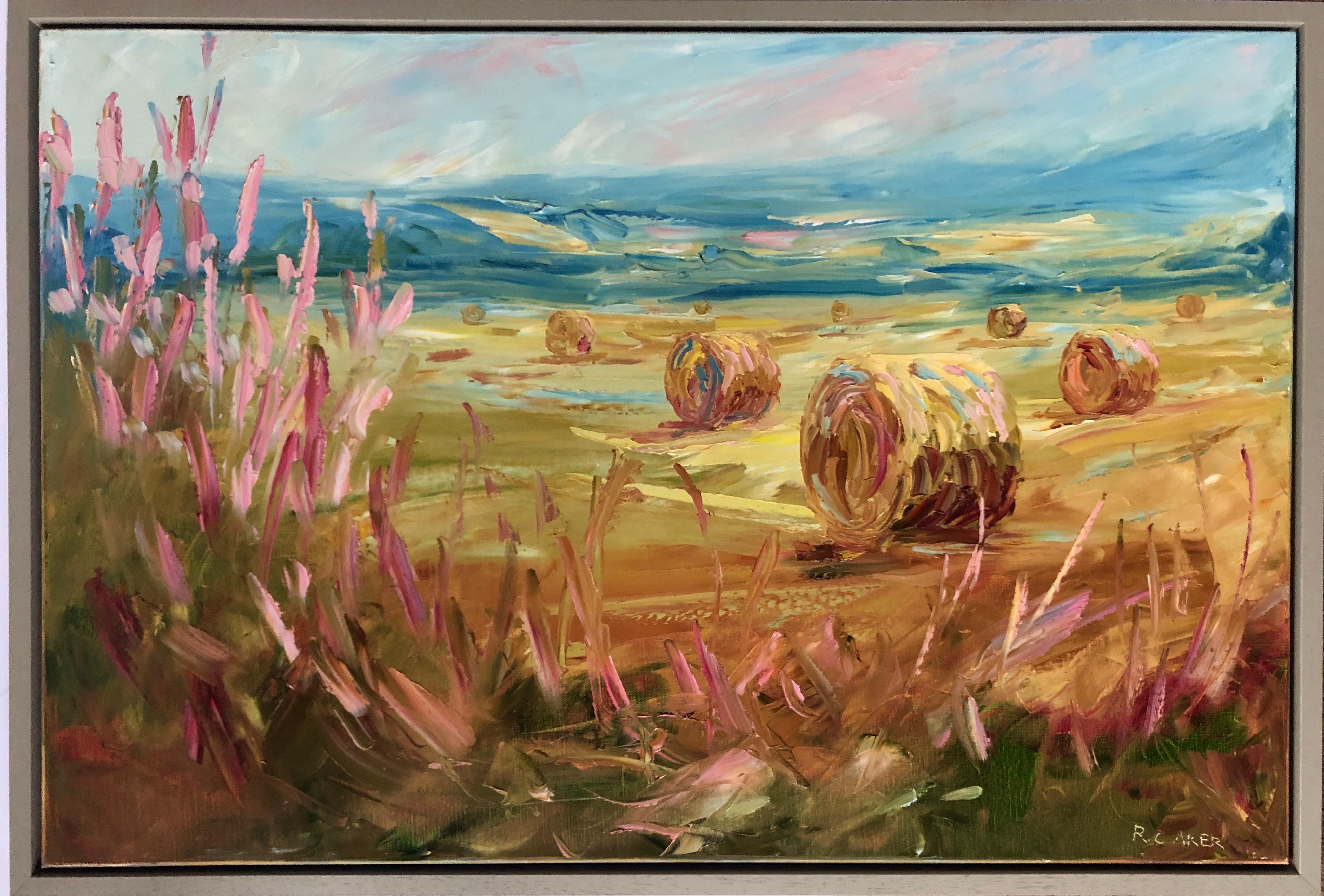 Rupert Aker
Big Bales, Late Summer
Original Landscape Painting
Oil Paint on Canvas Board
Image Size: H 61cm x W 91cm x D 1cm
Frame Size: H 63cm x W 95.5cm x D 4.5cm
Sold Framed in a Sage Green Frame
Free Shipping

Big Bales, Late Summer is an