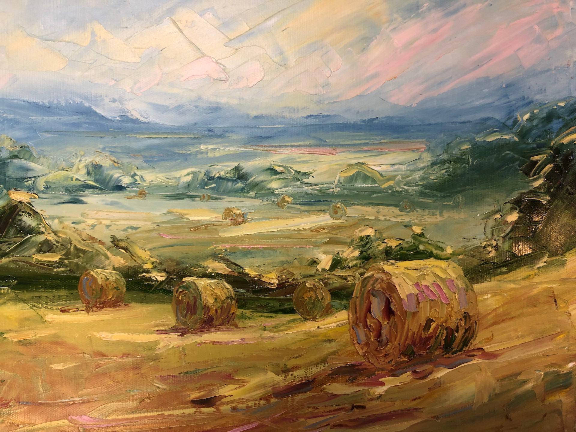 Rupert Aker, Harvest Bales, Affordable Original Oil Painting, Textured Paintings