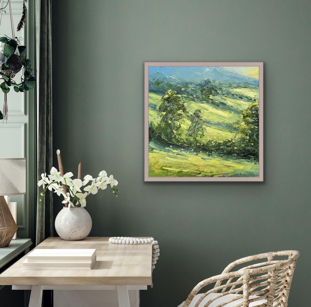 Sheepscombe Morning, Landscape Painting, Green Contemporary Expressionist Art For Sale 1