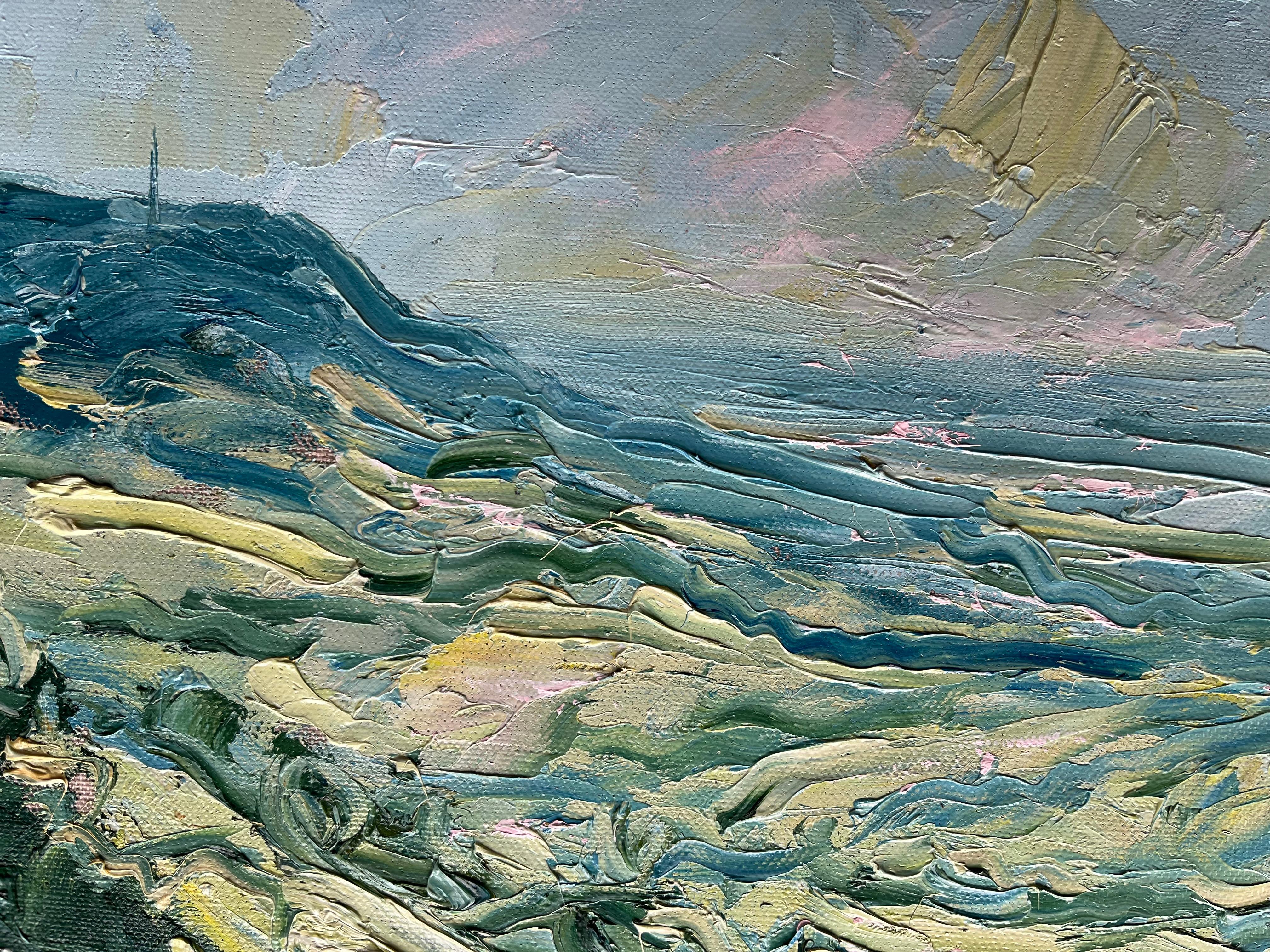 La vista desde Stinchcombe Hill, Gloucestershire, con la luz de la tarde.

Pintura original al empasto con colinas onduladas y toques de rosas, azules y verdes.

INFORMACIÓN ADICIONAL: 
Stinchcombe Hill, tarde de Rupert Aker [2024]
Pintura