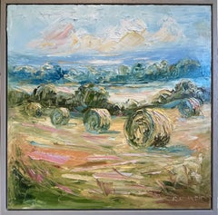 Summer fields in the Cotswolds with bales, Original painting, landscape