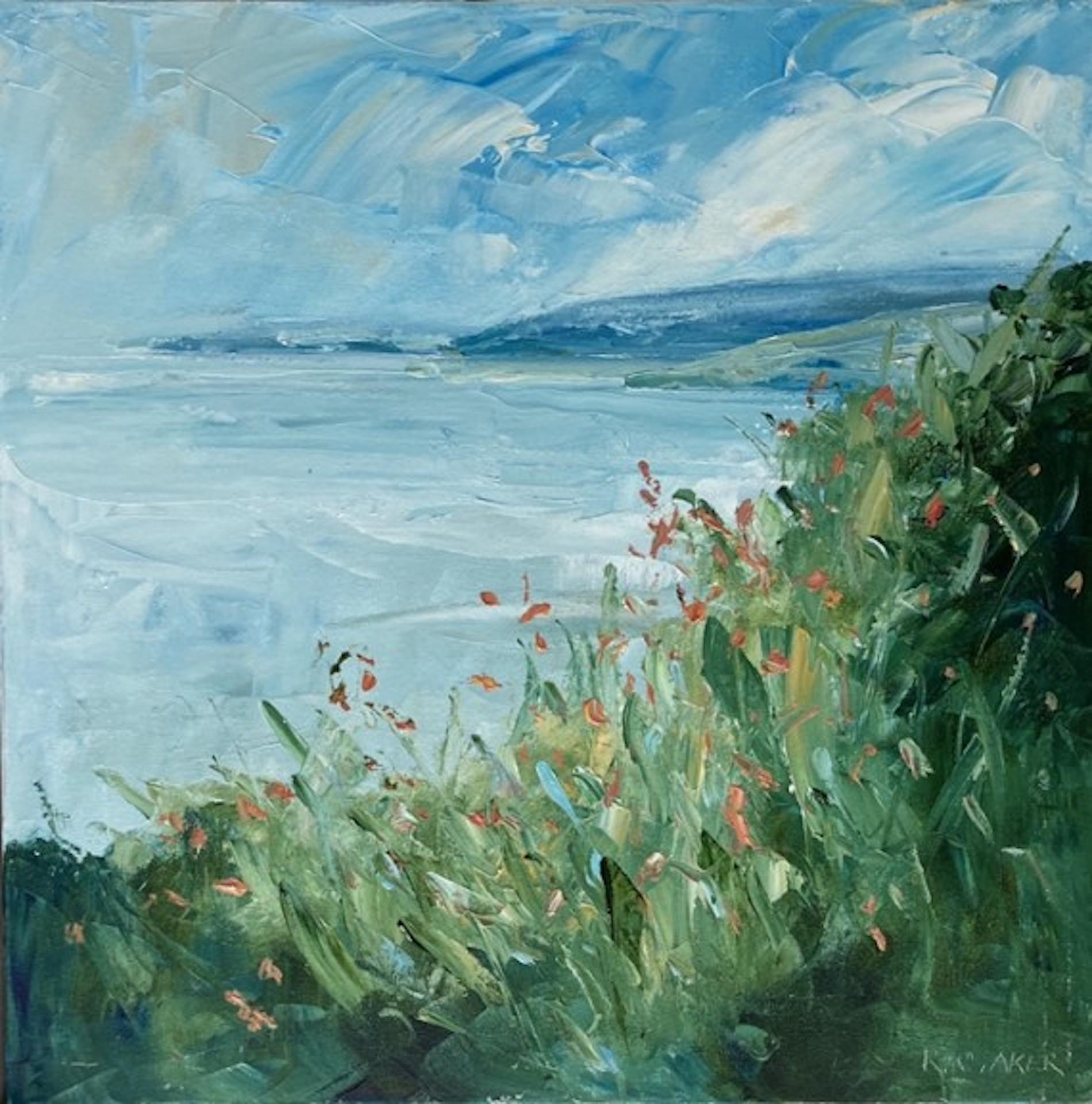 Peinture originale de paysage marin, « Summer Near New Quay » de Rupert Aker, œuvre d'art côtière