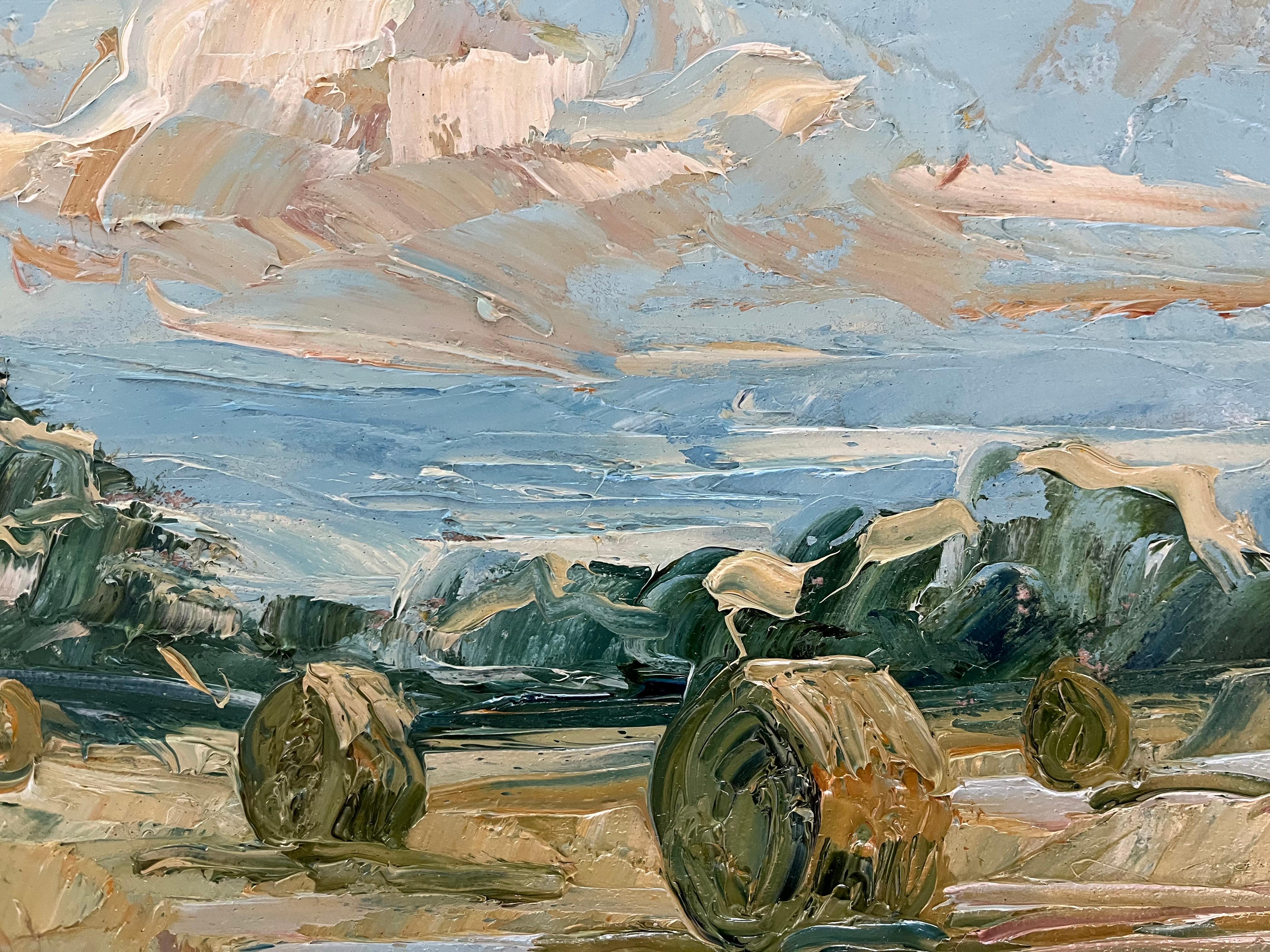 Triptychon von Haystacks, Originalgemälde, Landschaft, Cotswolds, Feldern im Angebot 7