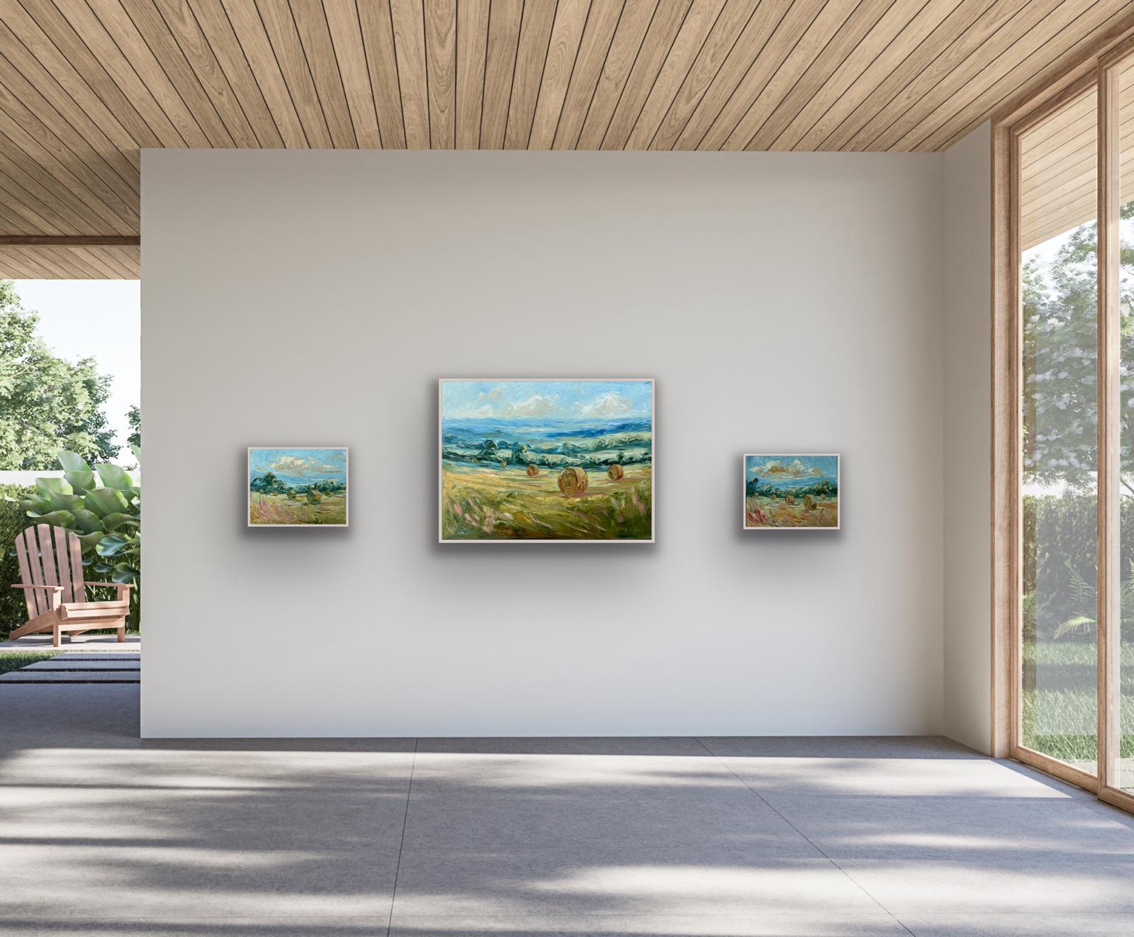 Triptychon von Haystacks, Originalgemälde, Landschaft, Cotswolds, Feldern im Angebot 10