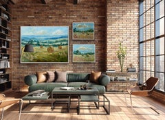 Triptych of Haystacks, Original Painting, Landscape, Cotswolds, Fields