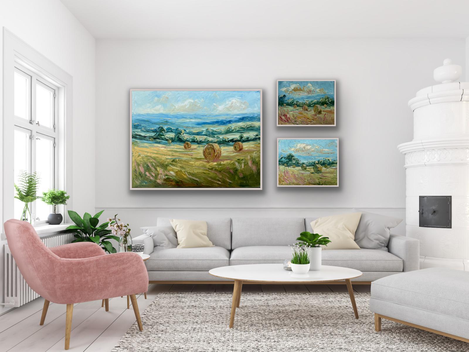 Triptych of Haystacks, Original Painting, Landscape, Cotswolds, Fields For Sale 2