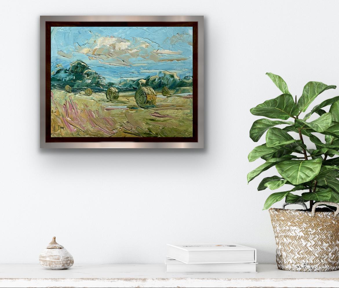 Triptychon von Haystacks, Originalgemälde, Landschaft, Cotswolds, Feldern im Angebot 3