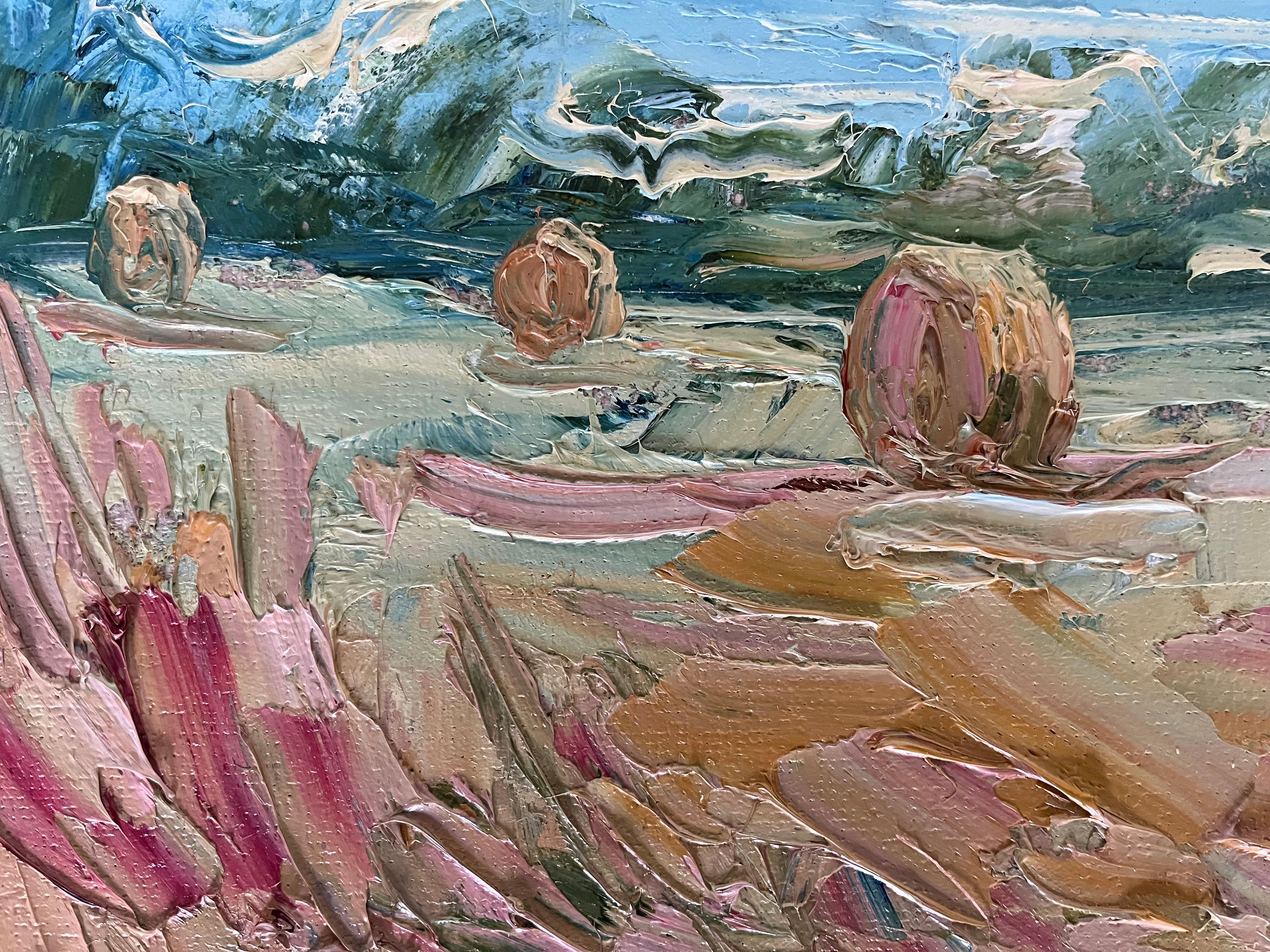 Triptyque de Haystacks, peinture originale, paysage, cotswolds, champs en vente 4