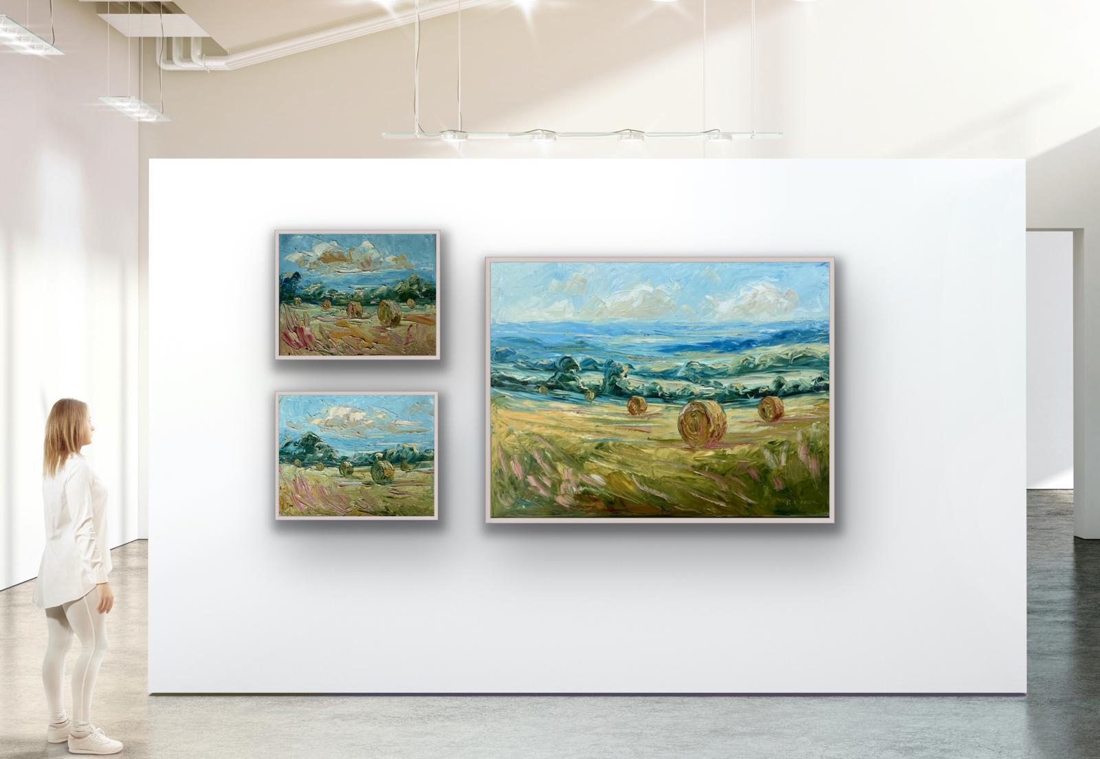 Triptychon von Haystacks, Originalgemälde, Landschaft, Cotswolds, Feldern im Angebot 5