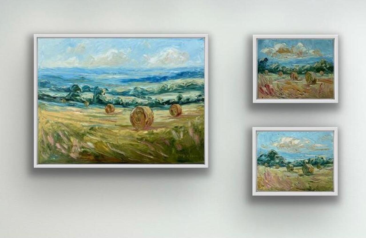 Triptyque de Haystacks, peinture originale, paysage, cotswolds, champs