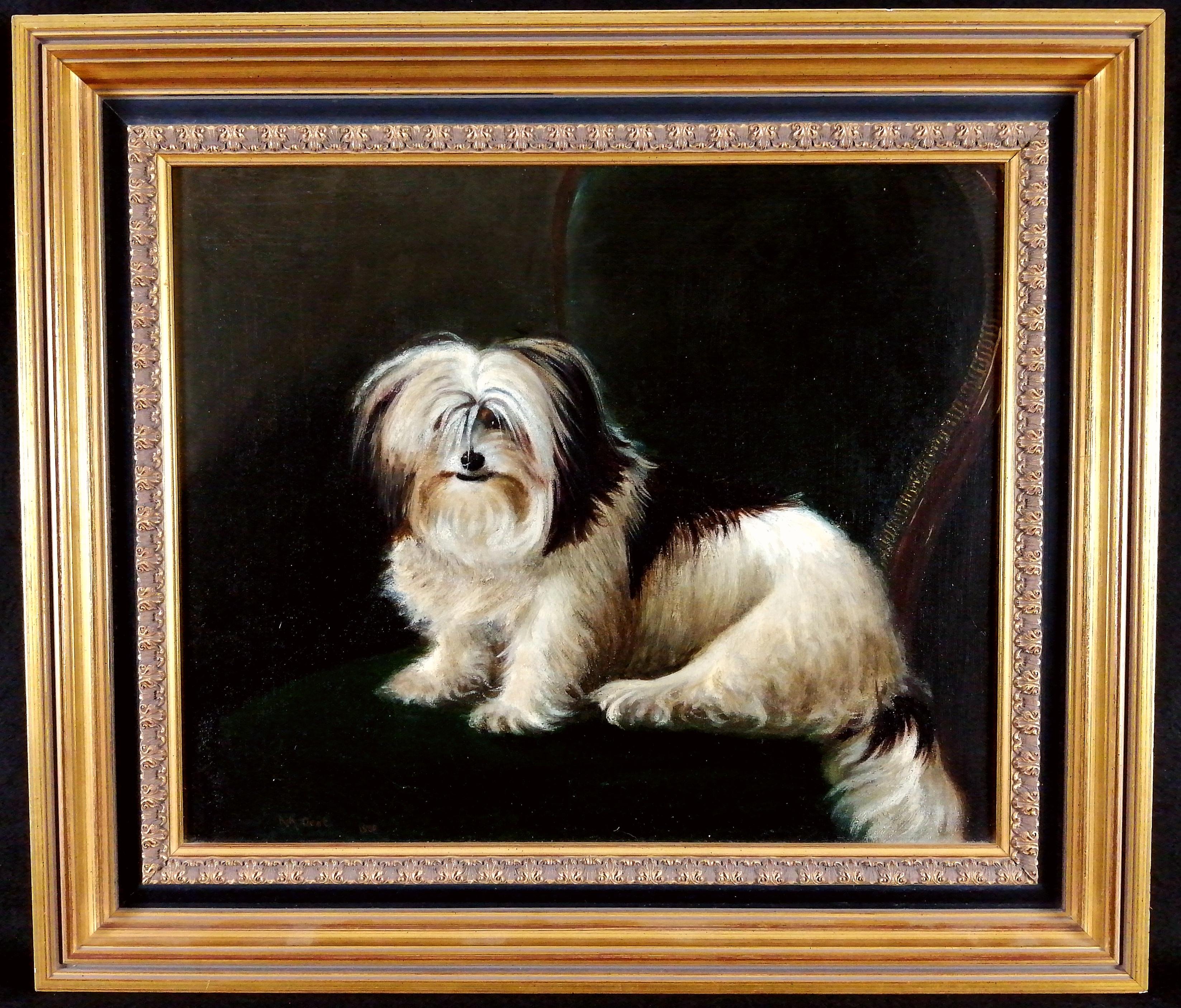 Animal Painting de Rupert Arthur Dent - Terrier en una silla - Pintura antigua inglesa al óleo sobre lienzo del siglo XIX sobre un perro