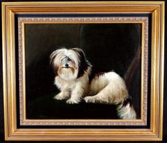 Terrier on a Chair - Huile sur toile anglaise ancienne du 19ème siècle