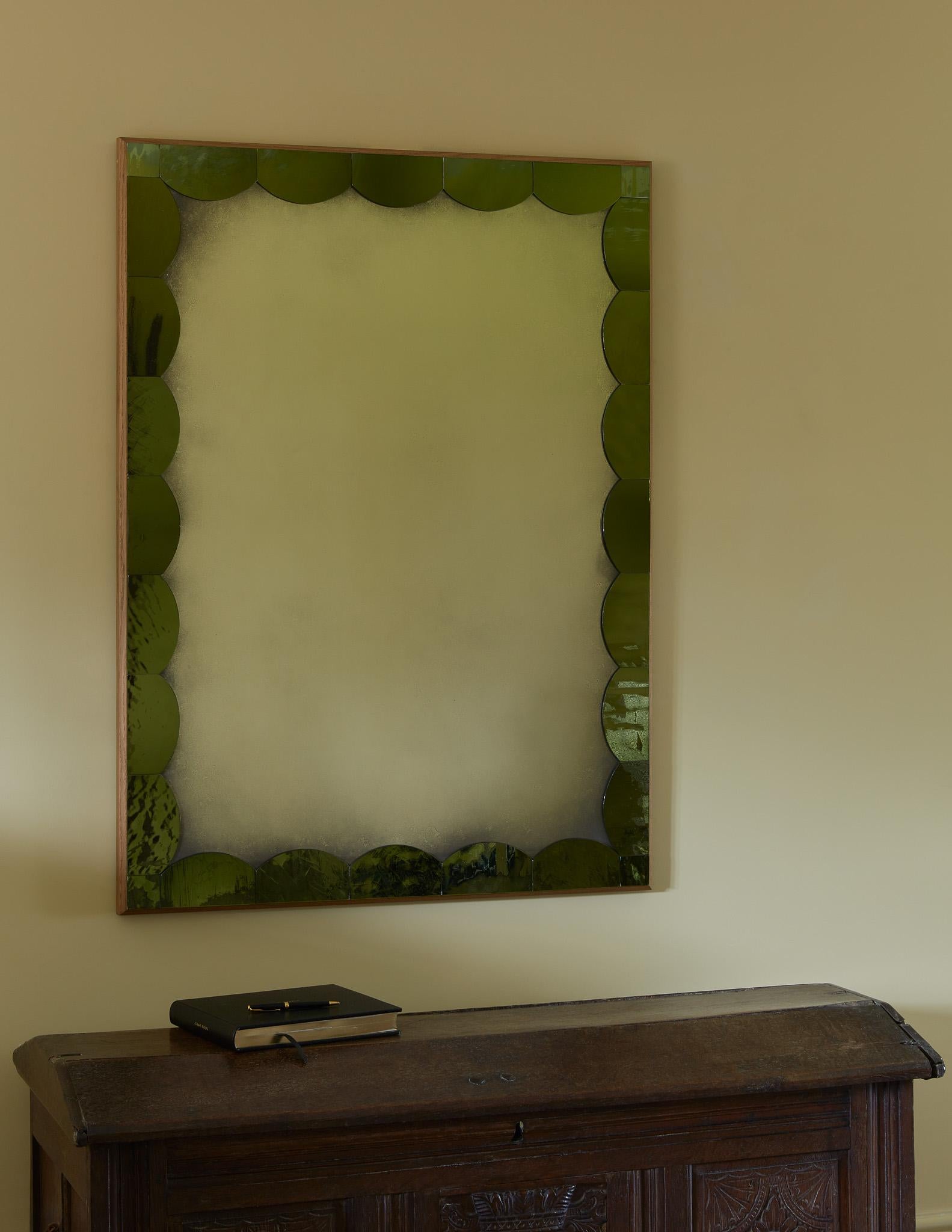 Art Deco Rupert Bevan custom Scallop mirror - green cathedral glass