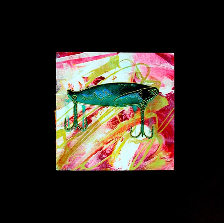 Esca da pesca su nero (rosa), quadro pop art di Rupert Jasen Smith