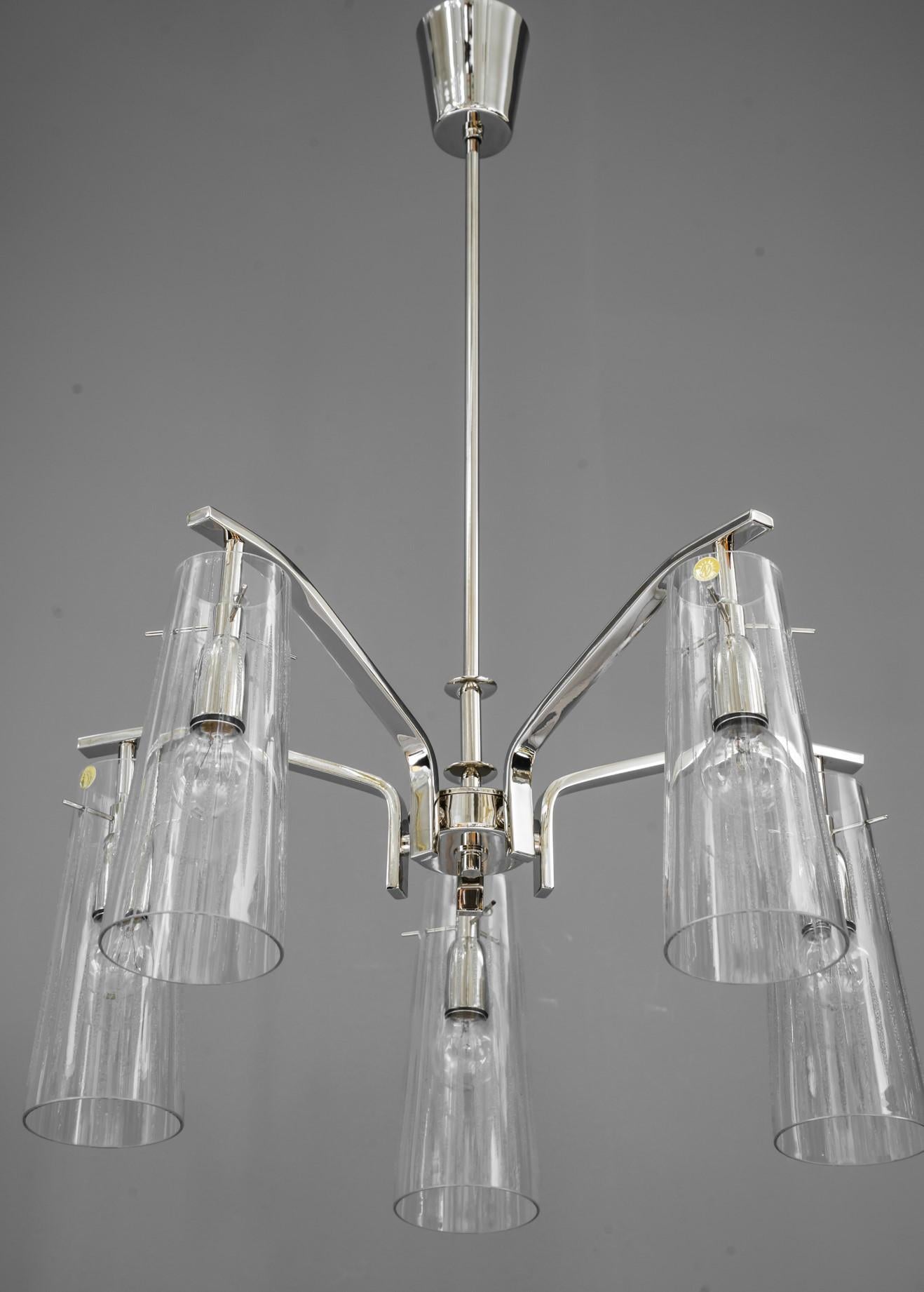 Plated Rupert Nikoll Chandelier with Original Glass Shades Vienna around 1960s For Sale