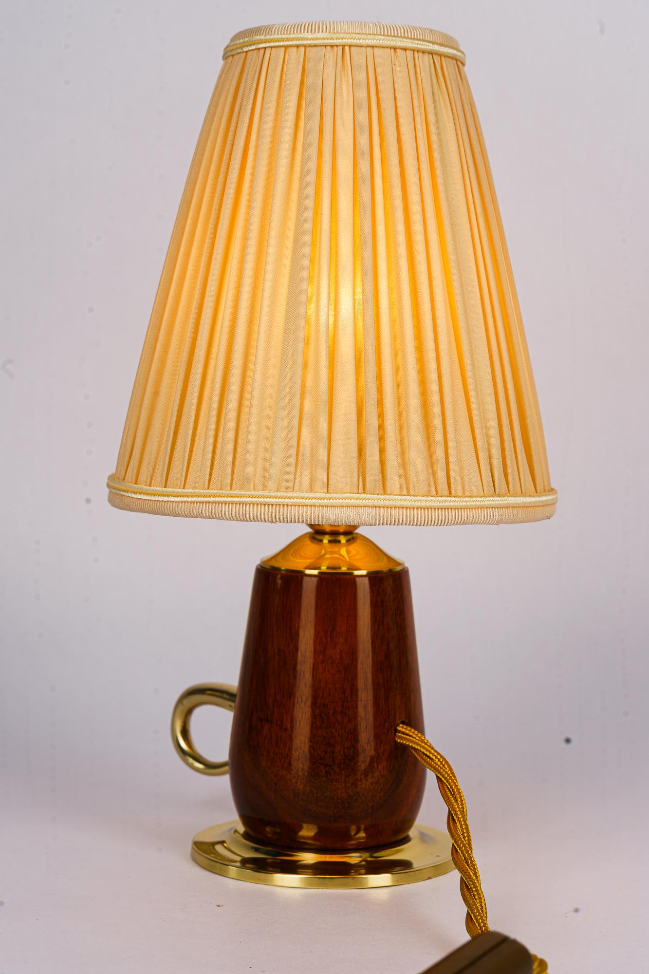 Brass Rupert nikoll cherry wood table lamp with fabric shade vienna around 1950s For Sale