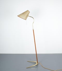 Rupert Nikoll Floor Lamp Brass Suede Perforated Shade, Austria, 1950
