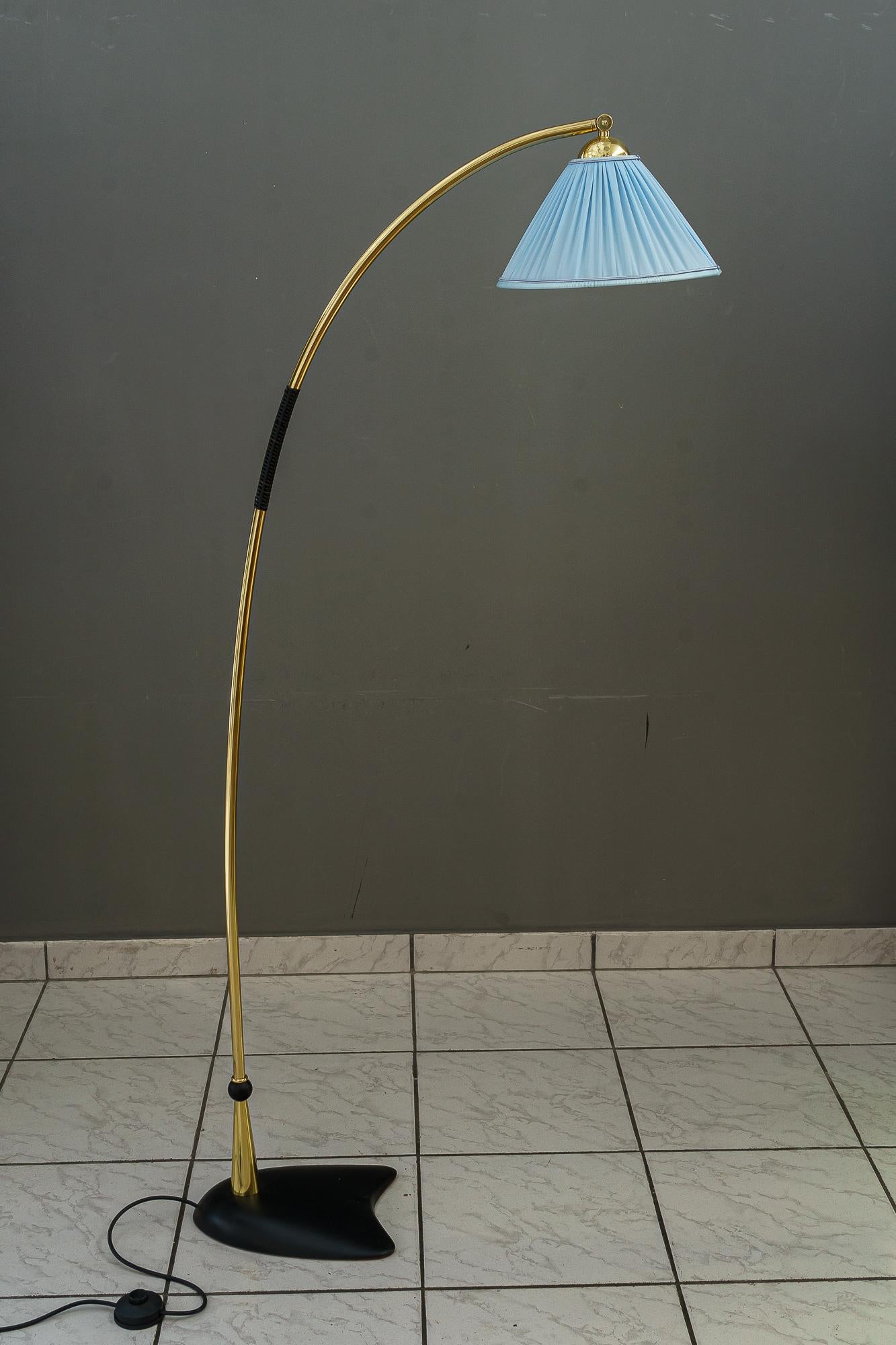 Rupert nikoll floor lamp with fabric shade around 1950s 
Brass polished and stove enameled
Metal blackened
The shade is replaced new