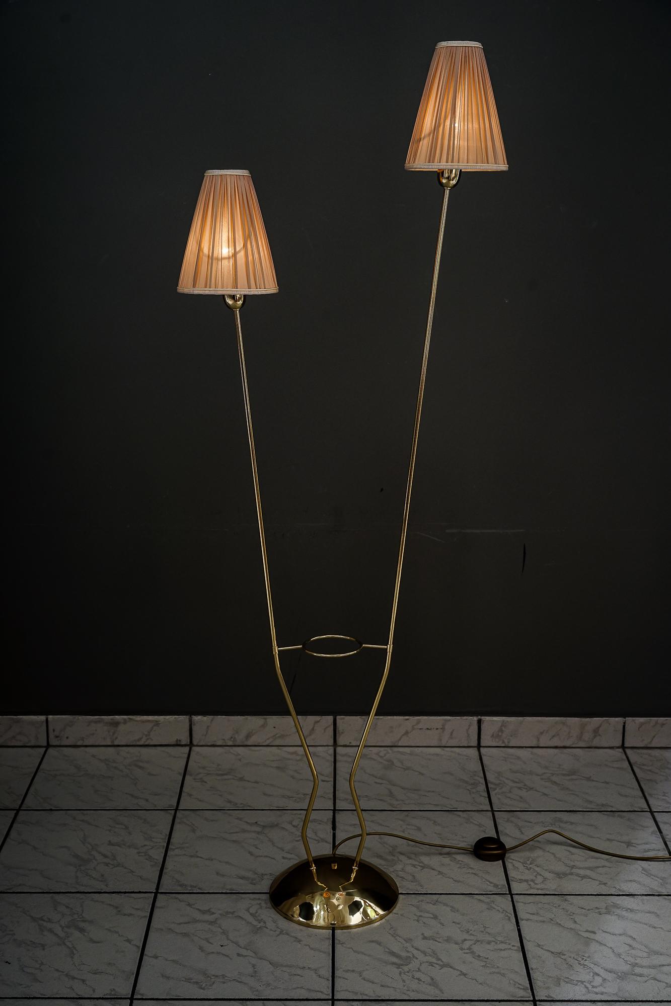 Rupert Nikoll floor lamp with fabric shades, Vienna, around 1950s.
Polished and stove enameled.
The fabric shades are replaced (new).
