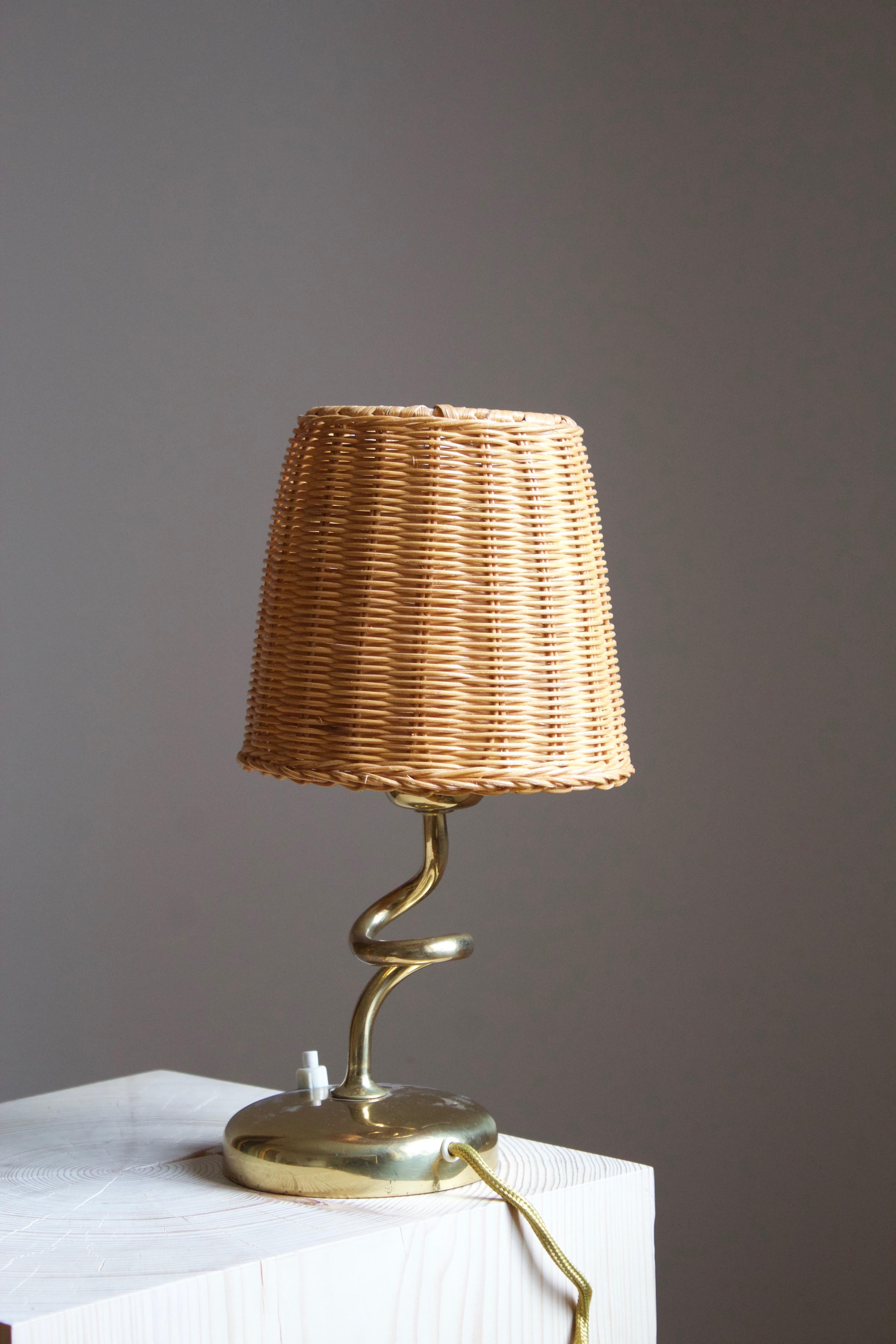 Austrian Rupert Nikoll, Freeform Table Lamp, Brass, Rattan, Austria, 1950