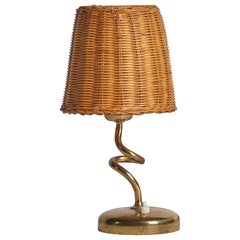 Rupert Nikoll, Freeform Table Lamp, Brass, Rattan, Austria, 1950s