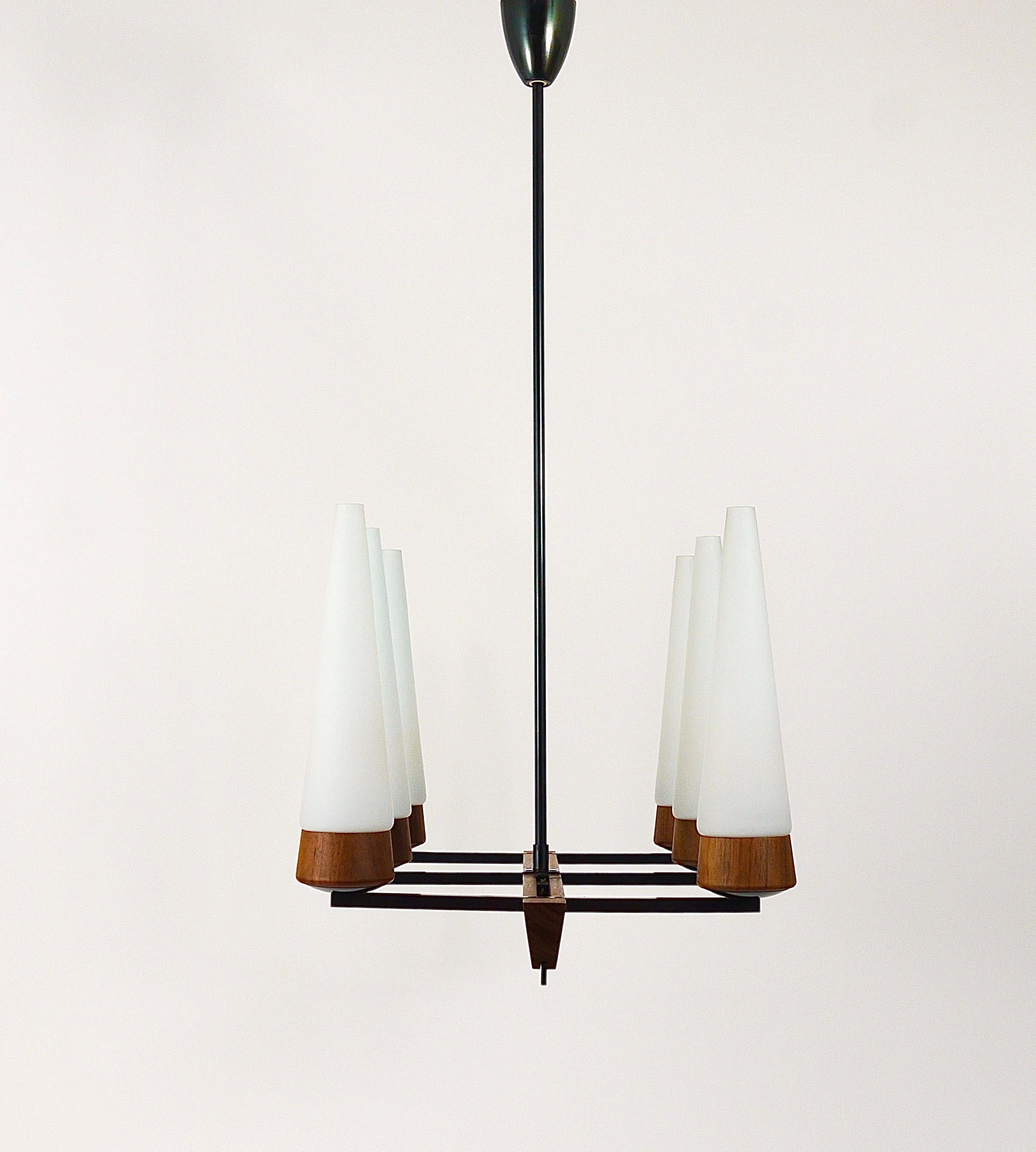 Mid-Century Modern Rupert Nikoll Midcentury Black Brass & Wood Rectangular Chandelier, Vienna 1950s For Sale