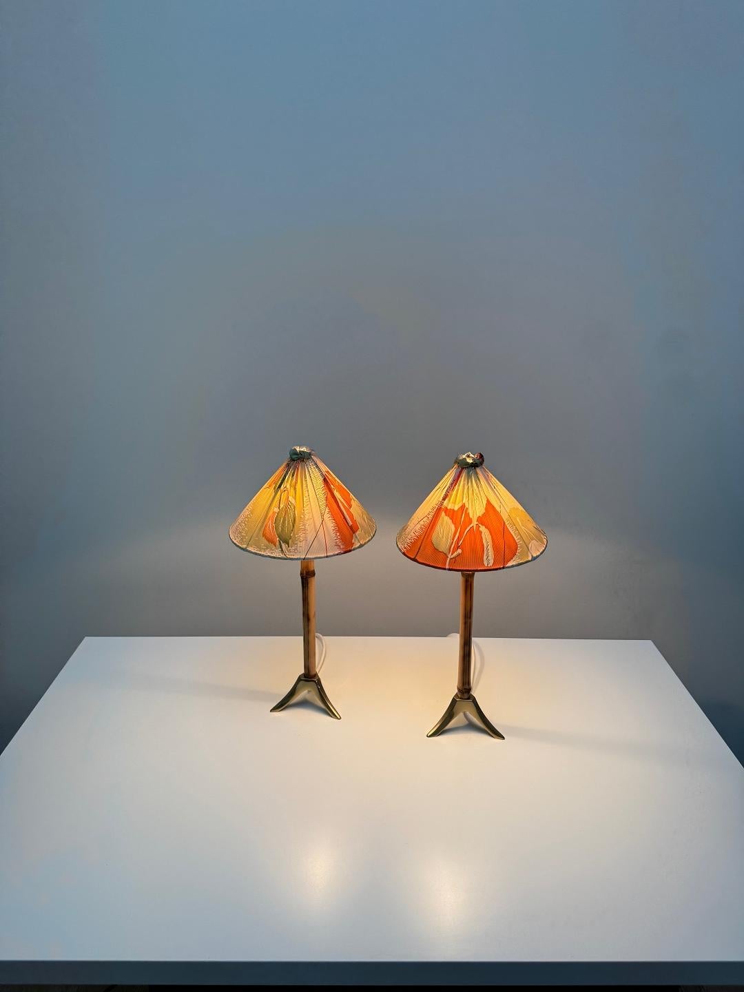 Mid-Century Modern Rupert Nikoll Pair Brass & Bamboo Nightstand, Table Lamps, 1955, Austria For Sale