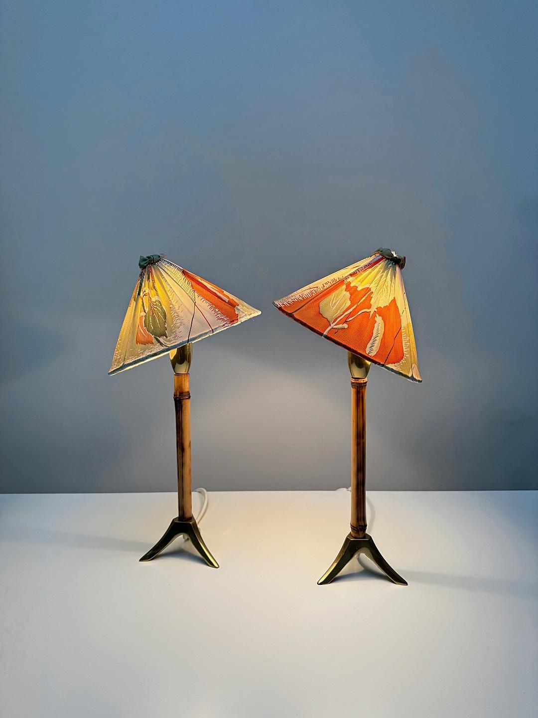 Austrian Rupert Nikoll Pair Brass & Bamboo Nightstand, Table Lamps, 1955, Austria For Sale