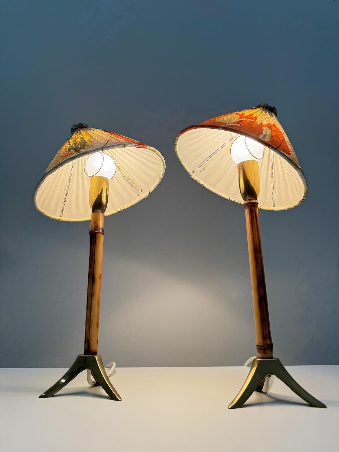 Metalwork Rupert Nikoll Pair Brass & Bamboo Nightstand, Table Lamps, 1955, Austria For Sale