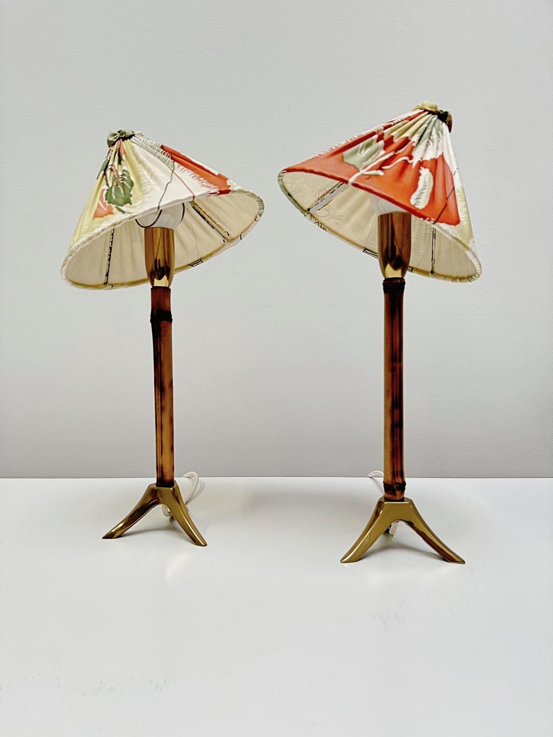 20th Century Rupert Nikoll Pair Brass & Bamboo Nightstand, Table Lamps, 1955, Austria For Sale