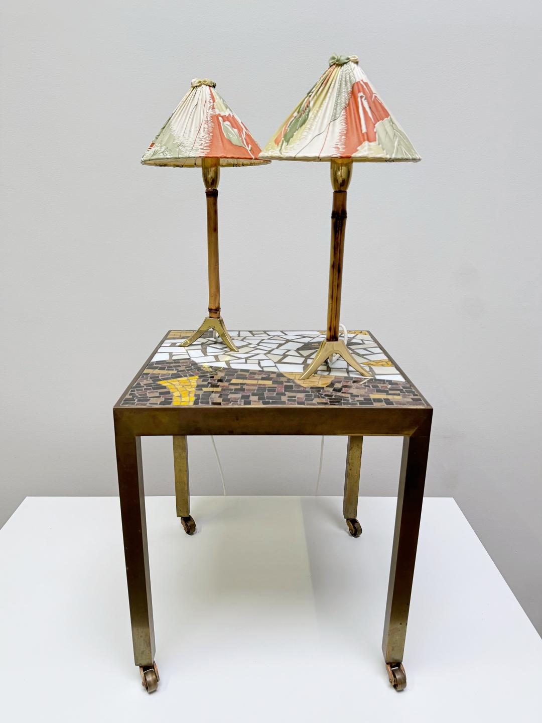 Rupert Nikoll Pair Brass & Bamboo Nightstand, Table Lamps, 1955, Austria For Sale 1
