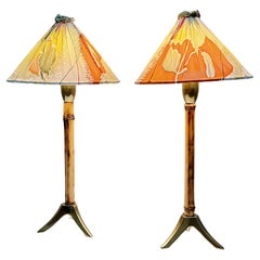 Rupert Nikoll Pair Brass & Bamboo Nightstand, Table Lamps, 1955, Austria