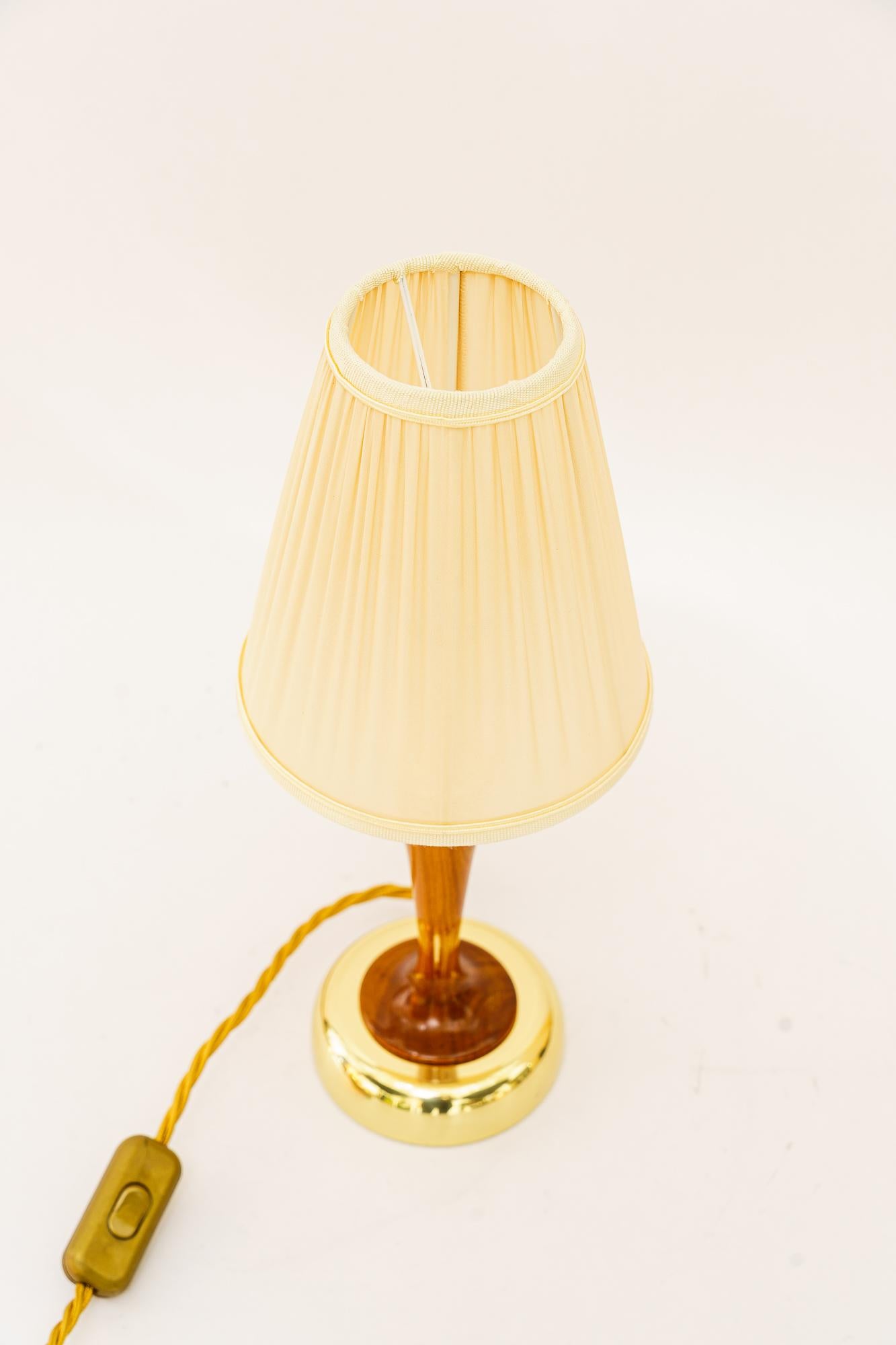 Lacquered Rupert Nikoll table lamp with cherry wood and fabric shade vienna around 1950s For Sale