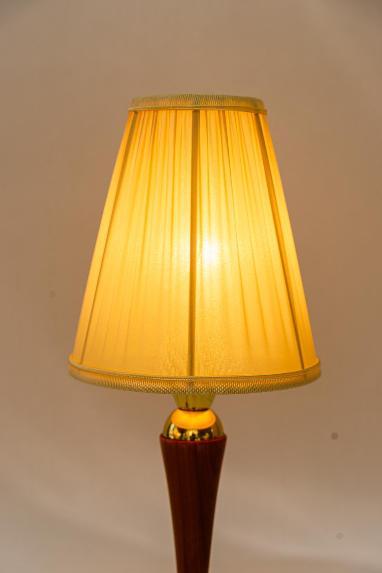 Brass Rupert Nikoll table lamp with cherry wood and fabric shade vienna around 1950s For Sale