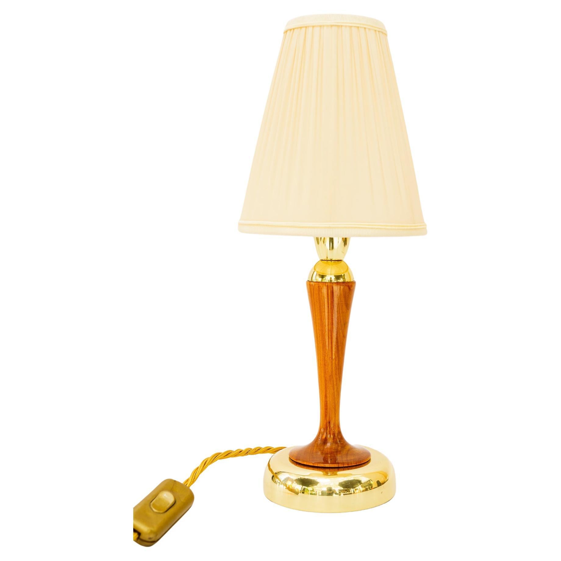 Rupert Nikoll table lamp with cherry wood and fabric shade vienna around 1950s For Sale