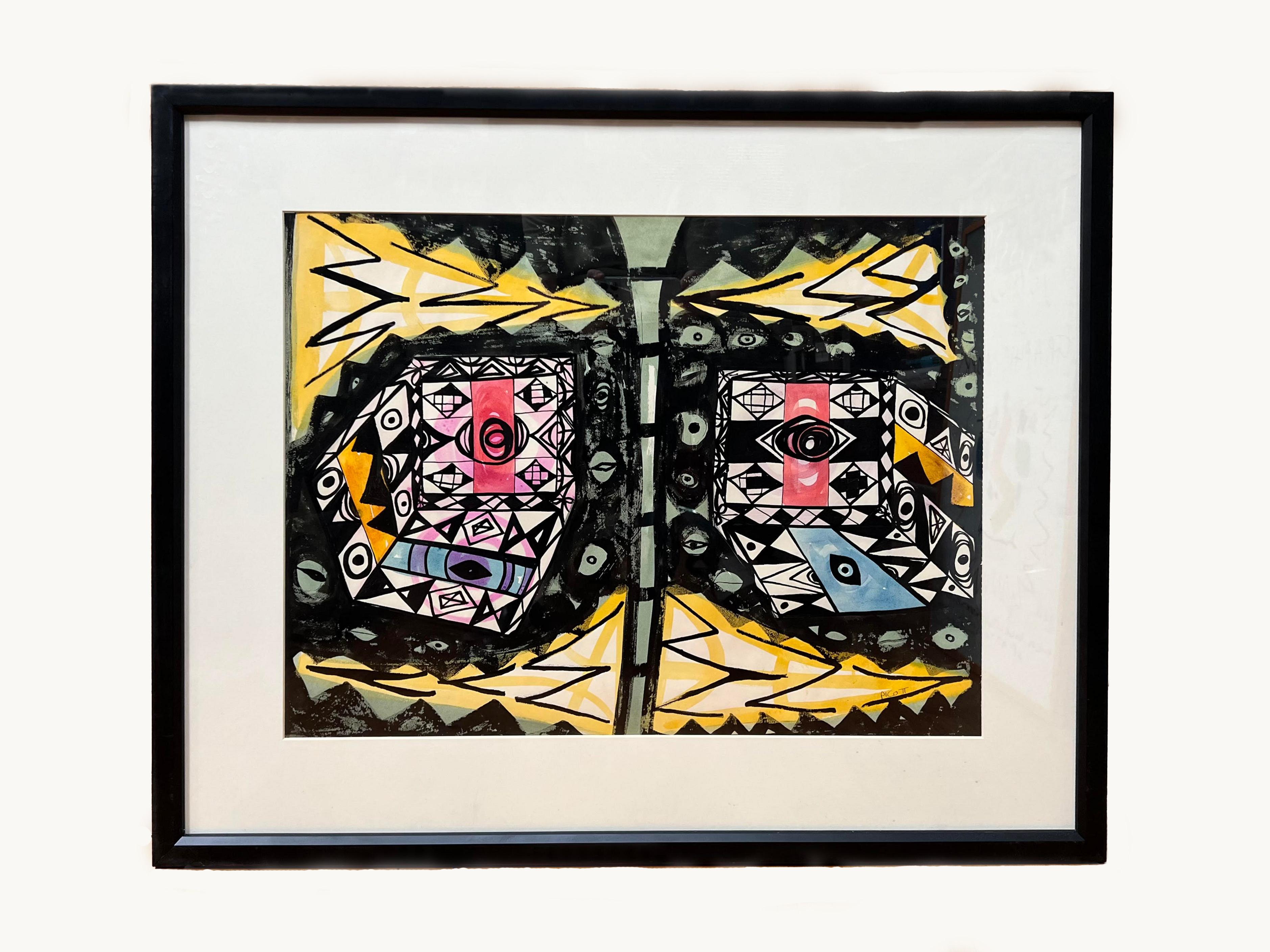 This gouache reveals a butterfly tree with wings covered in multiple eyes towards the observer. In this primitive kaleidoscope playing with perspectives, the artist Rupert Picott leads us into a dance of forms, half-animal, half-vegetal. Here, we