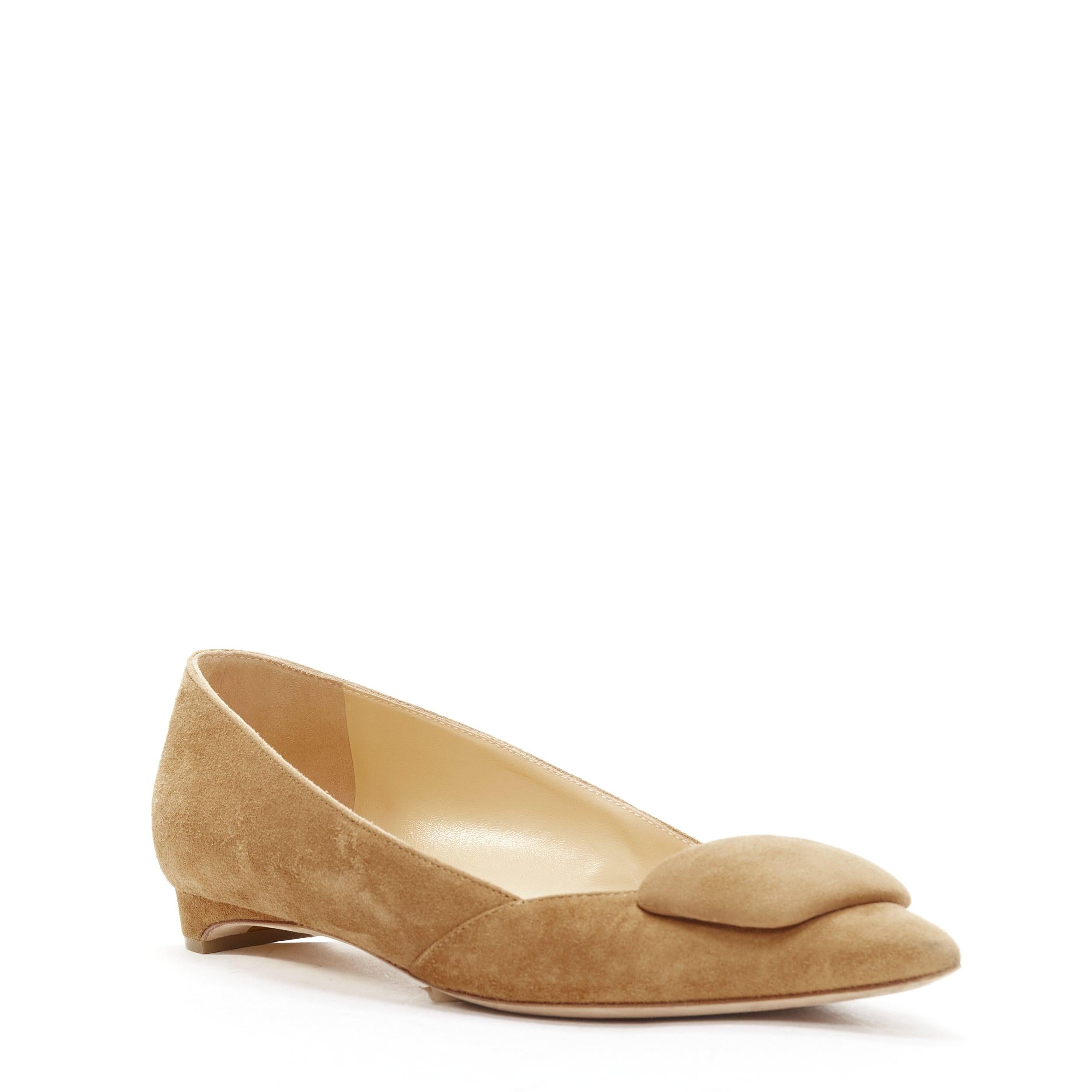 Brown RUPERT SANDERSON Aga 10 sand suede square bukle flats EU37.5 For Sale