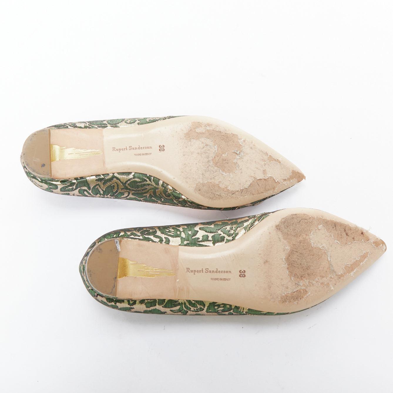 RUPERT SANDERSON Aga green gold brocade embellished pointy flats EU38 For Sale 6
