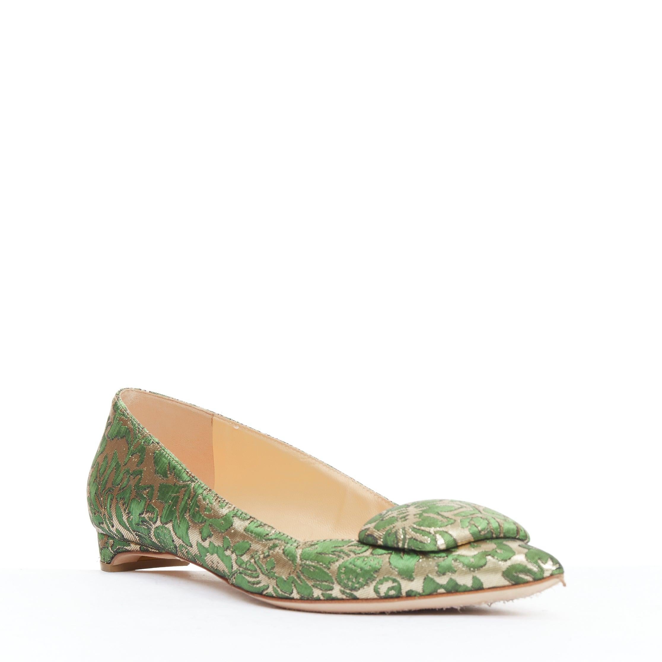 Brown RUPERT SANDERSON Aga green gold brocade embellished pointy flats EU38 For Sale