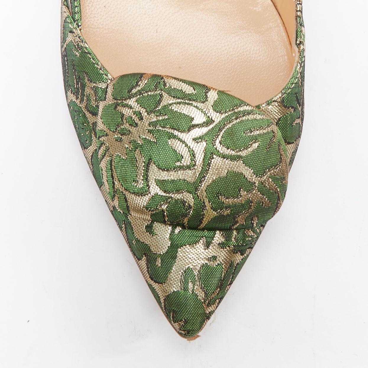 RUPERT SANDERSON Aga green gold brocade embellished pointy flats EU38 For Sale 1
