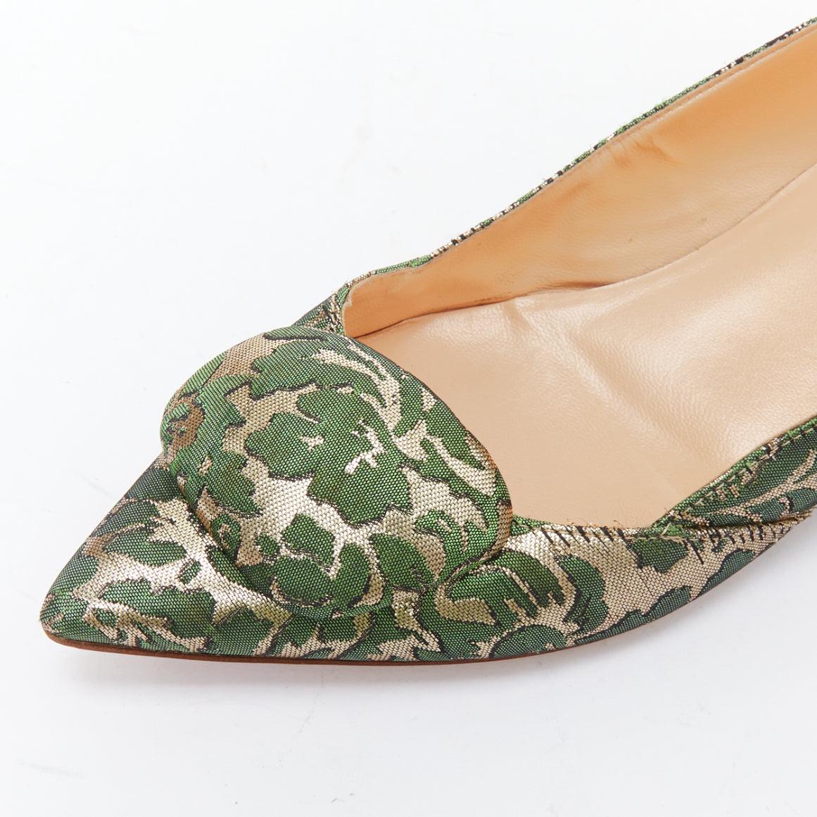RUPERT SANDERSON Aga green gold brocade embellished pointy flats EU38 For Sale 2