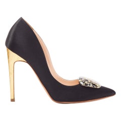 RUPERT SANDERSON Gold black satin gold paint buckle heeled pumps EU36.5