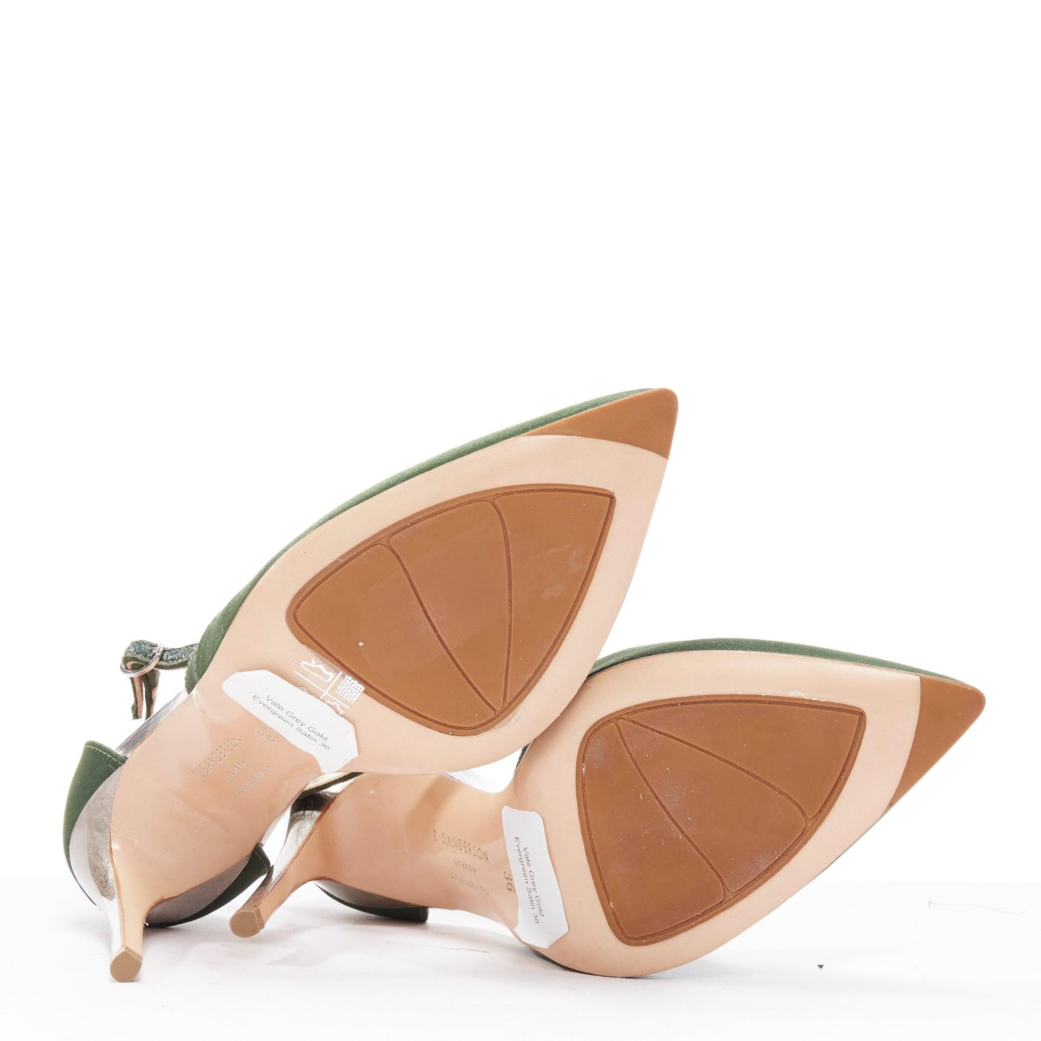 RUPERT SANDERSON Nanda green satin d'orsay silver heel pointy pumps EU36 For Sale 6