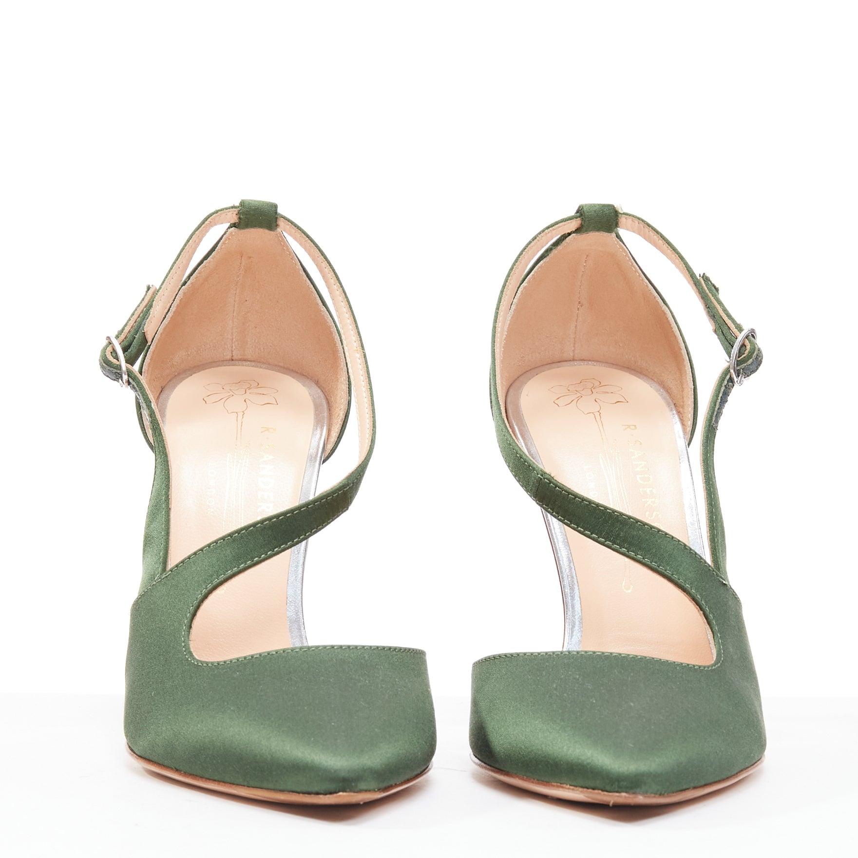 Gray RUPERT SANDERSON Nanda green satin d'orsay silver heel pointy pumps EU36 For Sale