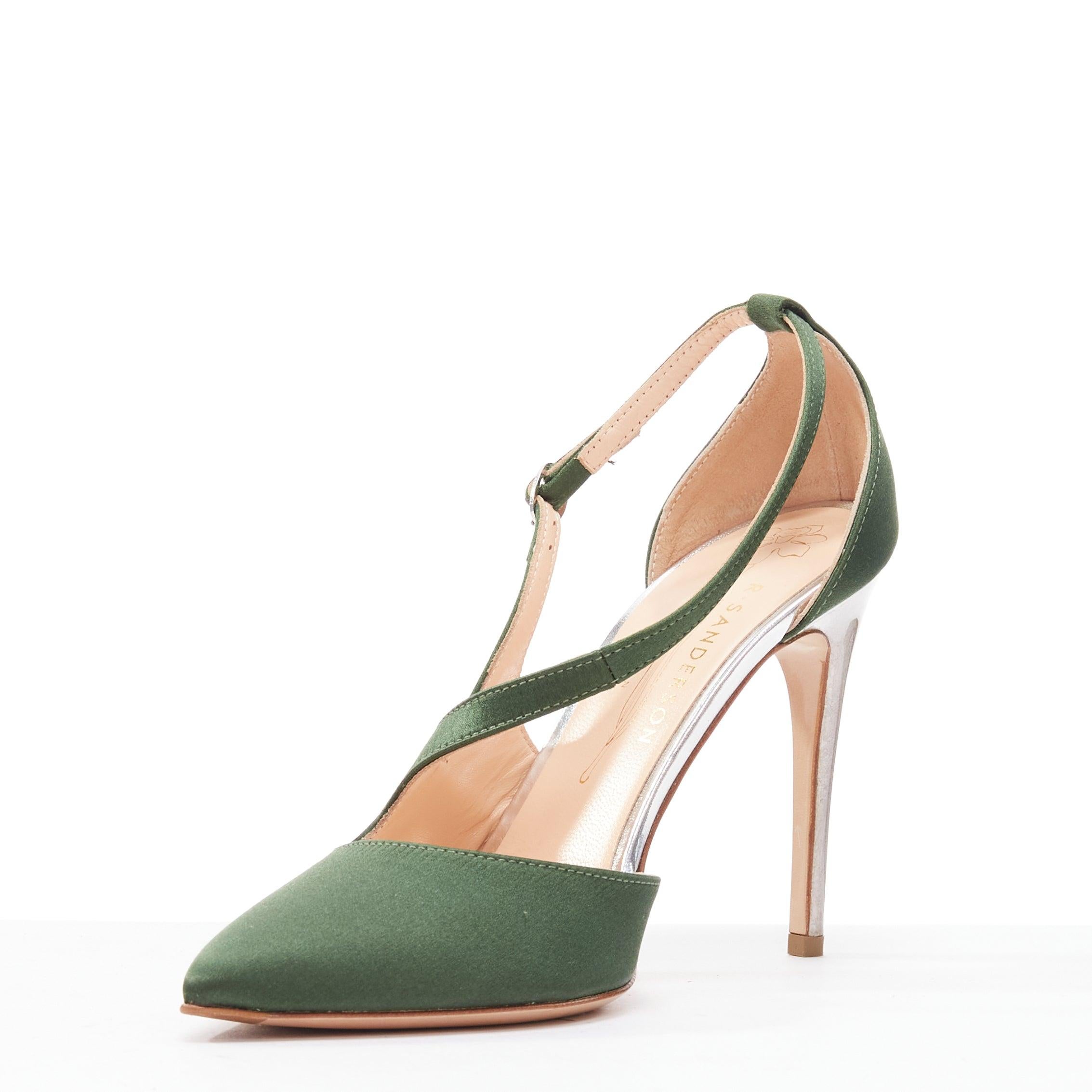 RUPERT SANDERSON Nanda green satin d'orsay silver heel pointy pumps EU36 In New Condition For Sale In Hong Kong, NT