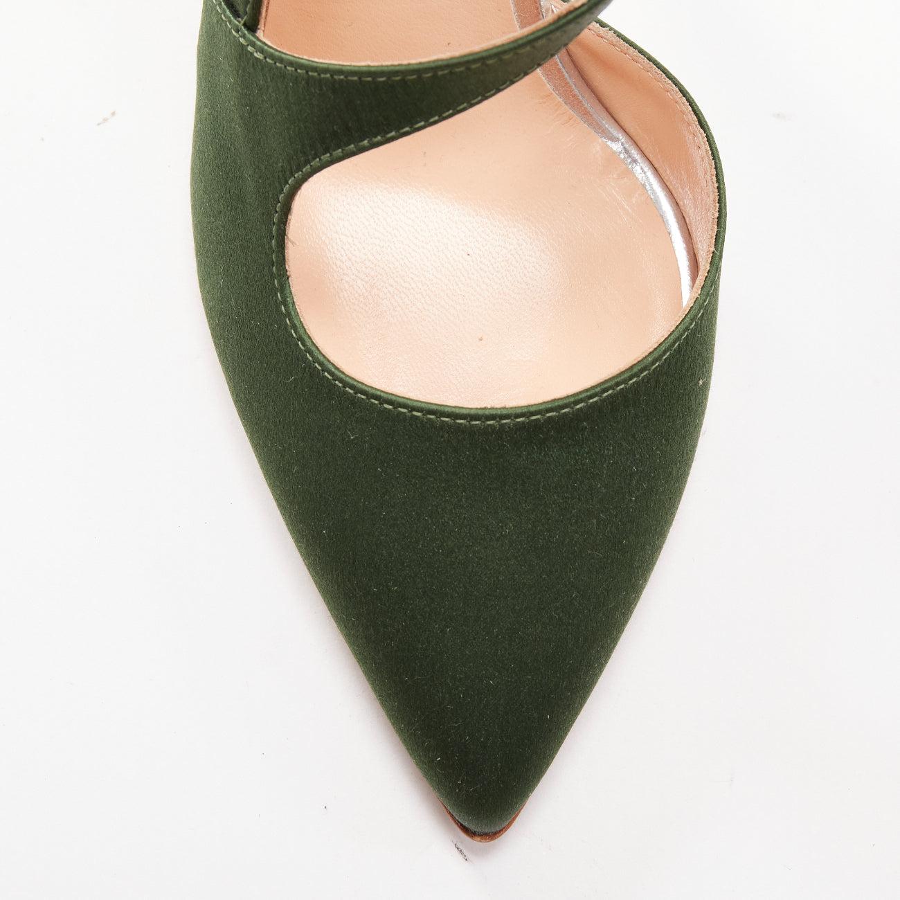 RUPERT SANDERSON Nanda green satin d'orsay silver heel pointy pumps EU36 For Sale 1