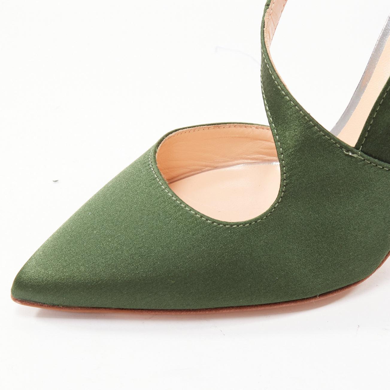 RUPERT SANDERSON Nanda green satin d'orsay silver heel pointy pumps EU36 For Sale 2