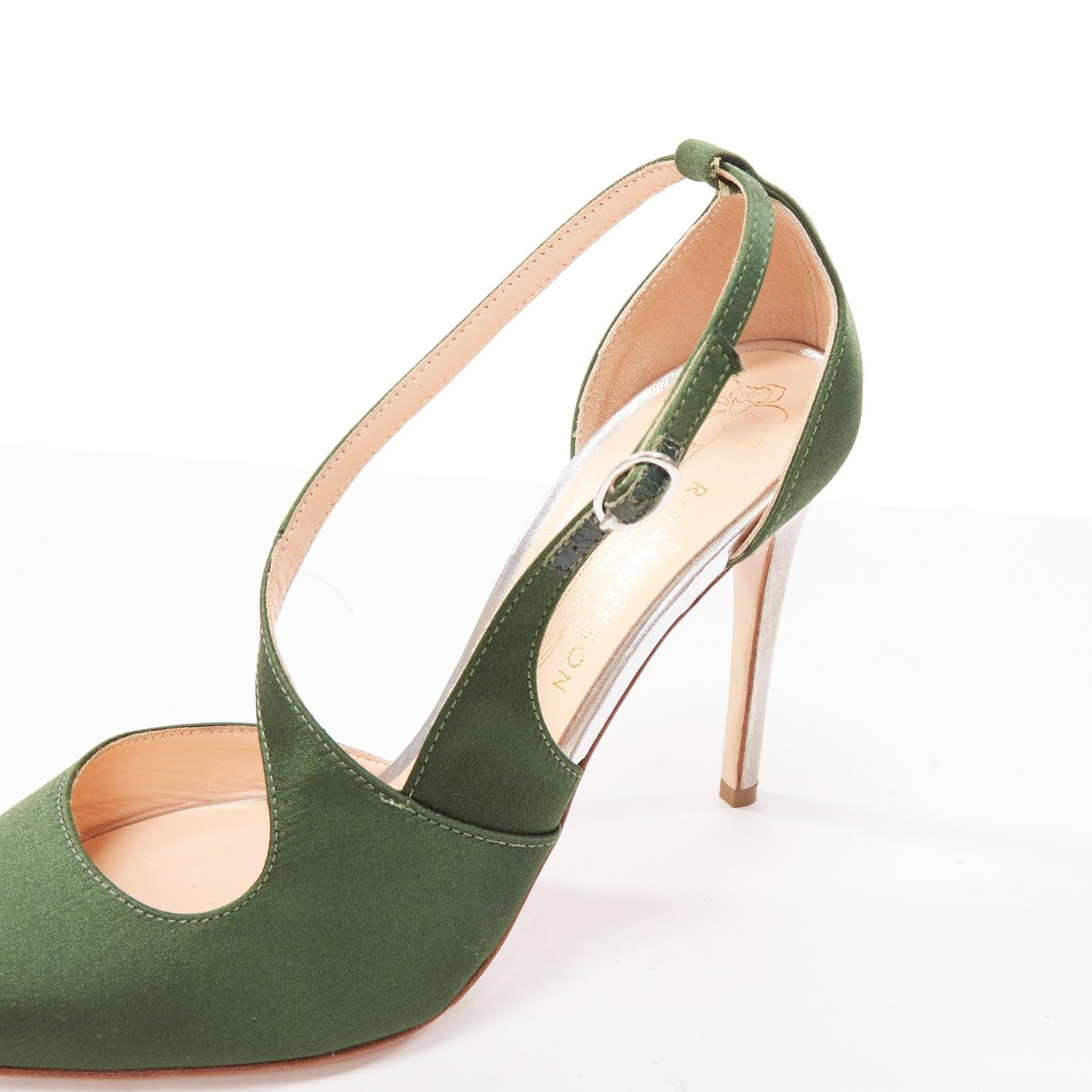 RUPERT SANDERSON Nanda green satin d'orsay silver heel pointy pumps EU36 For Sale 3