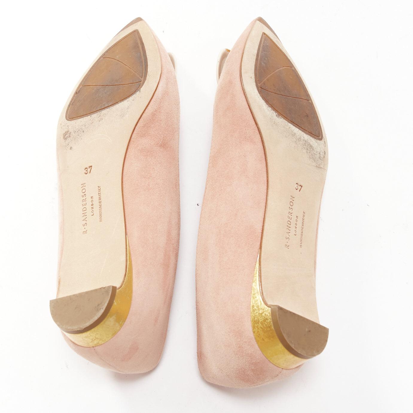 RUPERT SANDERSON pink blush suede nude gold buckles pointy flats EU37 For Sale 7