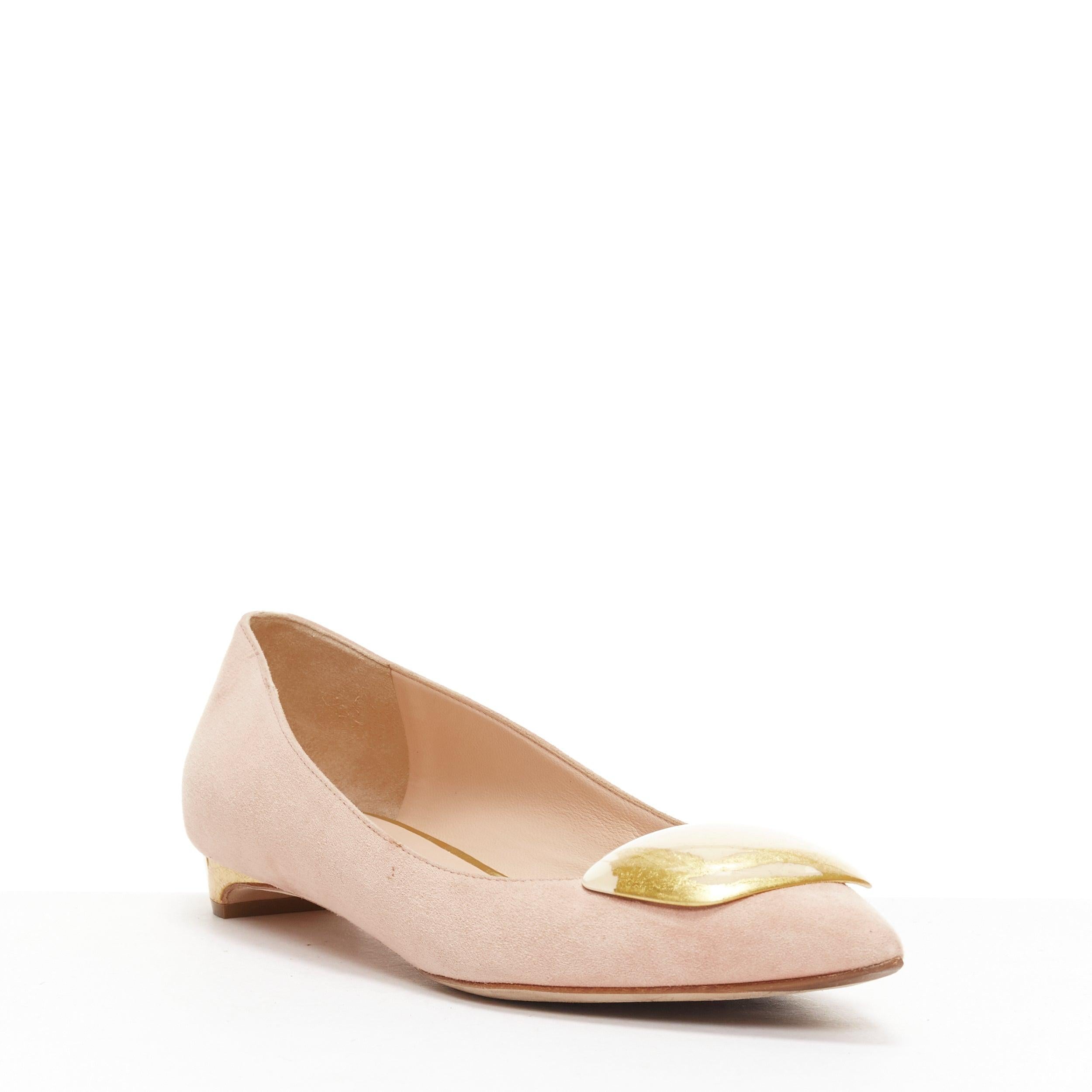 RUPERT SANDERSON pink blush suede nude gold buckles pointy flats EU37 In Good Condition For Sale In Hong Kong, NT